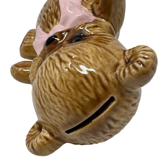 Vintage 80s Ceramic Teddy Bear Coin Bank Pink Bow 6" Nursery Decor - Picture 4 of 5